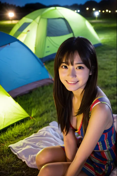 cute,  15歳のアイドルのように幼く見えるてcute20歳の日本人少女、Cleavage、Campsite at night、bonfire、drink alcohol、whole body、RAW Photos、Genuine、Real、realism、Raw photo、High resolution、Life、No copyright notice