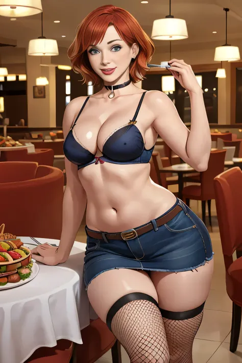 Christina Hendricks, masterpiece quality, (masterpiece quality:1.3), high res, realistic, lots of detail, alone, 1girl, (1girl:1.9), solo, in a busy restaurant, large buffet table in background, at a Golden Corral buffet, short hair, wearing choker collar,...