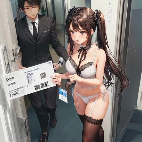 ((下着姿の女性はセクシーにOffice corridorを歩いている:1.4), ((highest quality)), (Super detailed), (Very detailed CG 統合 8k 壁紙), Very detailed, High resolution raw color photos, Professional photography, Brown Hair, Twin tails, Great face and eyes, Slender body, (Stunningly ...