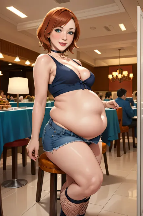 Christina Hendricks, masterpiece quality, (masterpiece quality:1.3), high res, realistic, lots of detail, alone, 1girl, (1girl:1.9), solo, in a busy restaurant, large buffet table in background, at a Golden Corral buffet, short hair, wearing choker collar,...