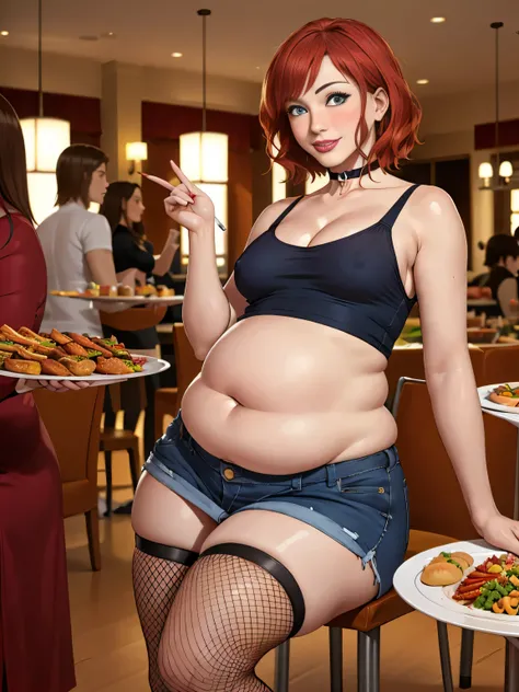 Christina Hendricks, masterpiece quality, (masterpiece quality:1.3), high res, realistic, lots of detail, alone, 1girl, (1girl:1.9), solo, in a busy restaurant, large buffet table in background, at a Golden Corral buffet, short hair, wearing choker collar,...