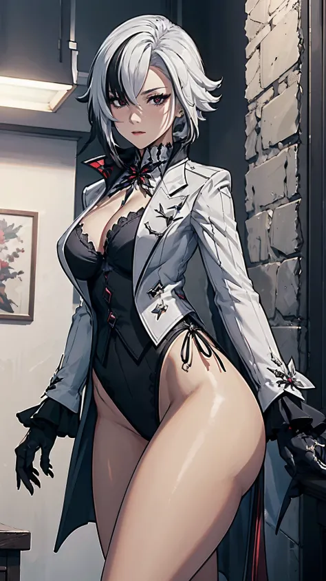 Masterpiece, ultra detail, high quality, 8k cg, (huge breasts), blush, bright eyes, standing, slim body, narrow waist, (from front:1.5) , 1girl, solo, white hair, black hair, multicolored hair, x-shaped pupils, black eyes, arle_suit, cleavage, bare thigh