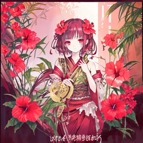 Hibiscus themed artwork, ((highest quality)), High resolution, 8k, Cinematic Light, High Contrast, Written boundary depth, Strong brilliance, Detailed Background, One Girl, cute, fine grain, Shining Eyes, Detailed Iris、Hilarious、Okinawa、Tropical upbringing