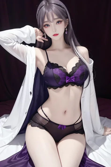 Top image quality、Raw photography、A high resolution、20-year-old cool Korean、big round chest、thin silk coat、lace underwear、Beautiful Eyes of Details、very elongated eyes、Beautiful eyelashes、Beautiful double eyelids、eyeshadows、 wearing super tight mini boxers...