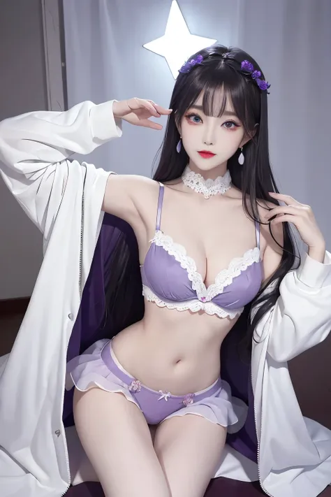 Top image quality、Raw photography、A high resolution、20-year-old cool Korean、big round chest、thin silk coat、lace underwear、Beautiful Eyes of Details、very elongated eyes、Beautiful eyelashes、Beautiful double eyelids、eyeshadows、 wearing super tight mini boxers...