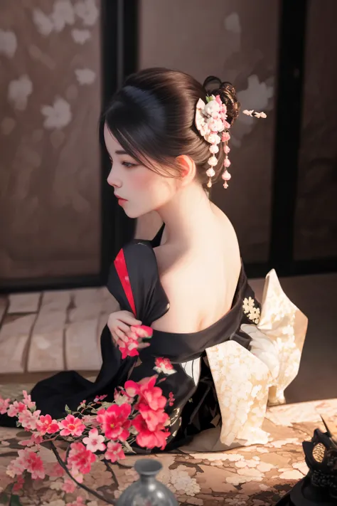 there is a woman sitting on a couch with a fan, palace ， a girl in hanfu, hanfu, elegant japanese woman, traditional beauty, in kimono, wearing kimono, wearing ancient chinese clothes, with acient chinese clothes, japanese kimono, cheongsam, white hanfu, g...