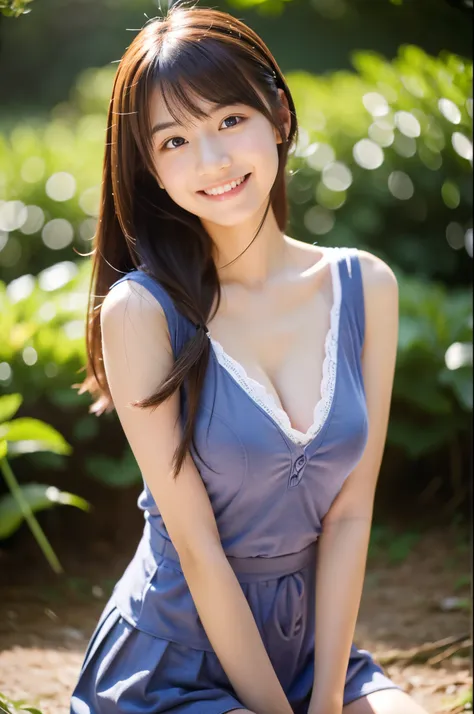 cute,  アイドルのようにcute16歳の高校生、Smiling Kindly、High school suburban classes、高校の制服はCleavageが見えるデザイン、Small breasts、Cleavage、Forest Park、Dim lighting、whole body、RAW Photos、Genuine、Real、realism、Raw photo、High resolution、Life、No copyright notice