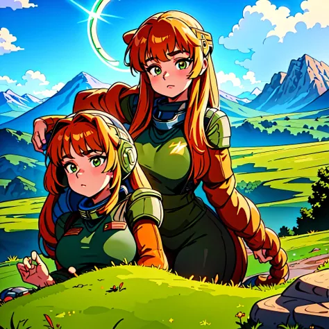 award winning (full body:0.8) (portrait photo:1.3) of a young female (sci-fi astronaut:1.3) with a (army tank:1.4), (Stargate:1.4), looking out over a verdant alien planet, (mountains:1.2) (tall grass:1.4), rocks, fluffy clouds in the sky, trending on art...