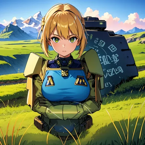 award winning (full body:0.8) (portrait photo:1.3) of a young female (sci-fi astronaut:1.3) with a (army tank:1.4), (Stargate:1.4), looking out over a verdant alien planet, (mountains:1.2) (tall grass:1.4), rocks, fluffy clouds in the sky, trending on art...