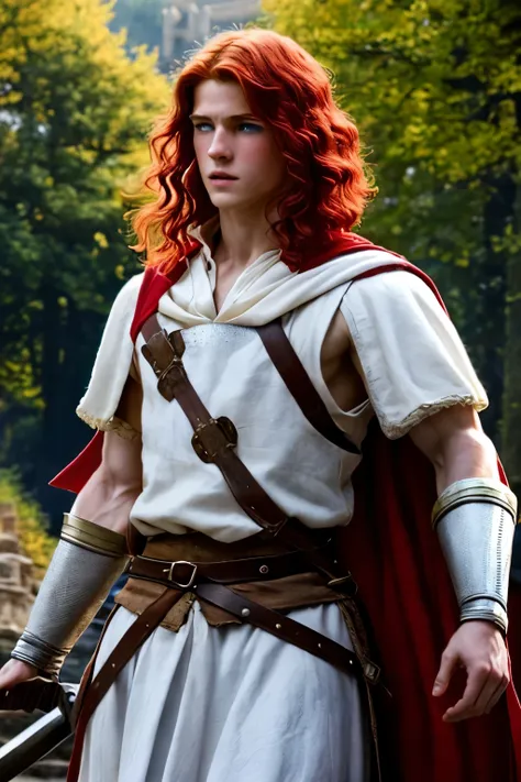 a young man, red hair, european medieval scene, medieval warrior, shirtless, pecs, abs, handsome, attractive boy, european boy, ...