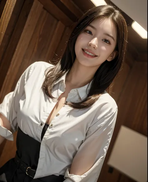 best quality, masterpiece, (photorealistic:1.4), 1girl, light smile, shirt with collars, waist up, dramatic lighting, from below