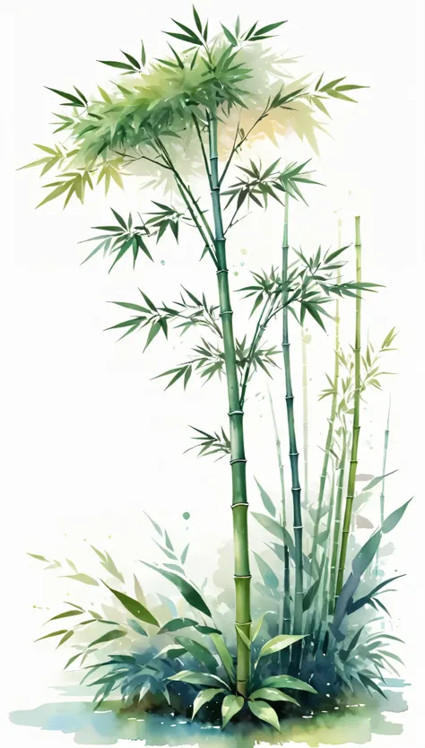 A single delicate Bamboo tree on a serene garden, centered, on a white background, illustration design, flat design, Styles watercolor and ink splashes, detailed strokes, muted shades soft color palette, watercolor splashes, flat design, ethereal,4k