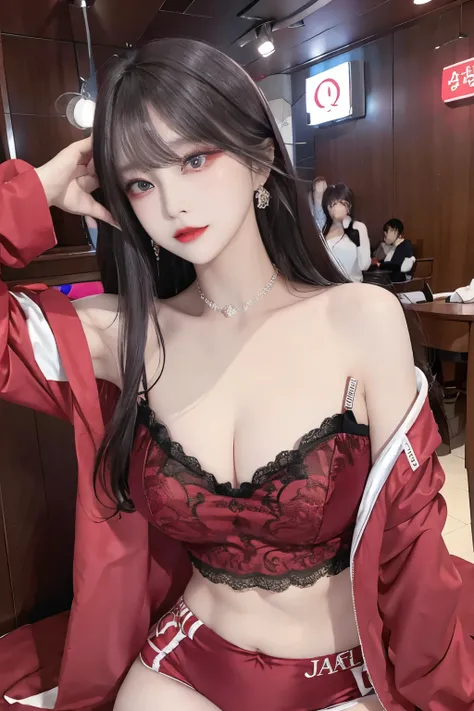 Top image quality、Raw photography、A high resolution、20-year-old cool Korean、big round chest、silk jacket、sexy red lace underwear、Beautiful Eyes of Details、very elongated eyes、Beautiful eyelashes、Beautiful double eyelids、eyeshadows、long legs,medium thighs, b...