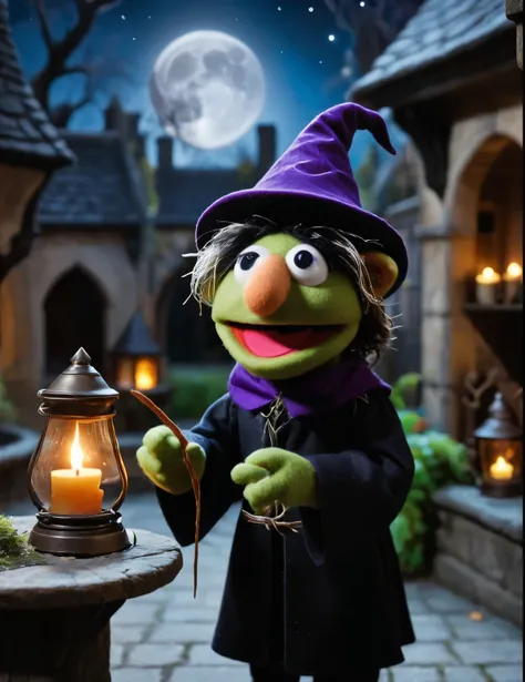 in a felt puppet world style,, A young wizard practicing spells in a moonlit courtyard, magical creatures watching.