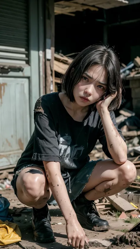 aespakarina,bobcut,beggar,beggar,(((homeless))),abandoned style room,crouching,angry face,bad complexion,dirty,full of trash,kor...