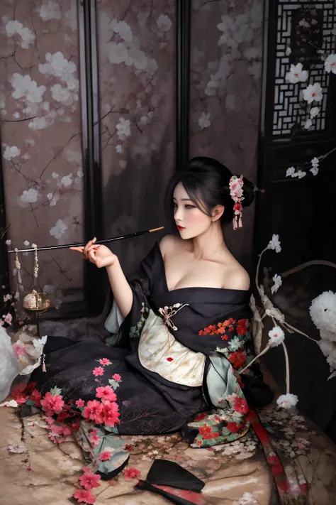 woman in a kimono dress sitting on a bed with a fan, hanfu, palace ， a girl in hanfu, elegant japanese woman, japanese kimono, with acient chinese clothes, in kimono, kimono, traditional geisha clothing, wearing ancient chinese clothes, glamorous and sexy ...