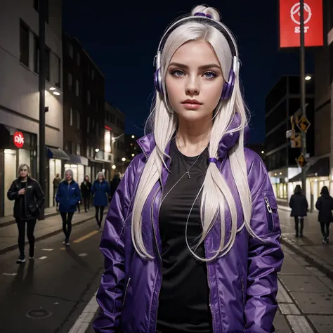 1girl, white hair, long hair, techwear  masterpiece, bestquality, realistic, realism, dark purple jacket, portrait, detailed eyes, wearing headset, platinum hair, 21 year old girl, fashion pose, half body, wide shoot, on the street, cyberpunk