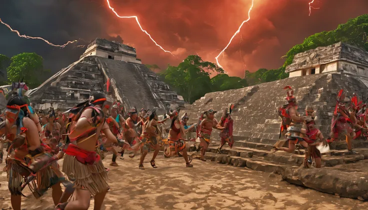 Maya civilization, apocalipse event, highly detailed maya people, maya people running, maya people falling down, maya people dying, maya people dying running, scared, magic, mystical, ritualistic, severed head, human sacrifice, storm, lightning, rain, demo...