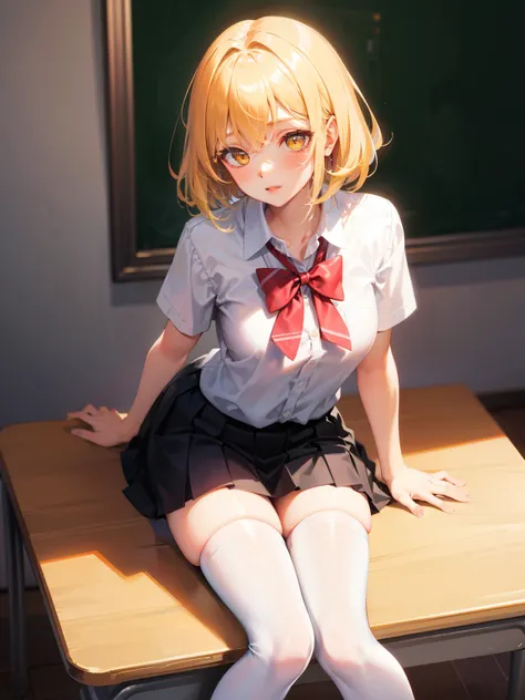 Dynamic posing, dynamic angle,Top quality work，Show Legs，Shiny cream Dress，(short golden hair)，(golden eyes), lovely red lips, Rose cheeks, Pretty Face, A perfectly proportioned face, school shirt and skirt, (school uniform), white stockings，in classroom，f...