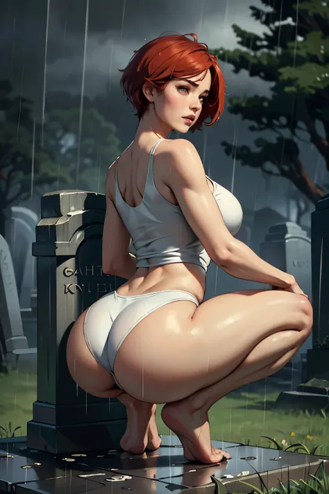 ((highest quality)), ((masterpiece)), (be familiar with), Perfect Face, (High definition), (Best Shadow), 8K, Cinematic, (Realistic:1.4),dramatic, (A woman squatting and pressing her buttocks against a gravestone), Looking up, (Red hair), ((extra short hai...