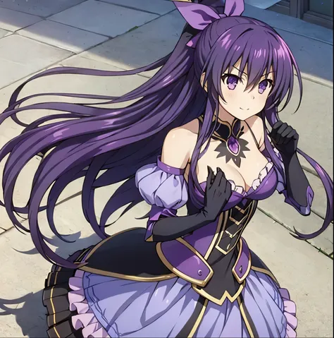 1girl, alone yatogami tohka, date a live, tsubasaki, armor, armored dress, bow, chibi, dress, frilled dress, frills, hair bow, long hair, ponytail, purple dress, purple eyes, purple hair, purple ribbon, ribbon, shoulder armor, smile, sword, weapon, very ae...