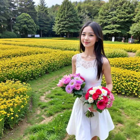 there is a little girl in a red and white dress holding a bouquet, girl in flowers, picking flowers, holding flowers, picking up a flower, girl standing in flower field, girl standing in a flower field, flowers on heir cheeks, girl in a flower field, portr...