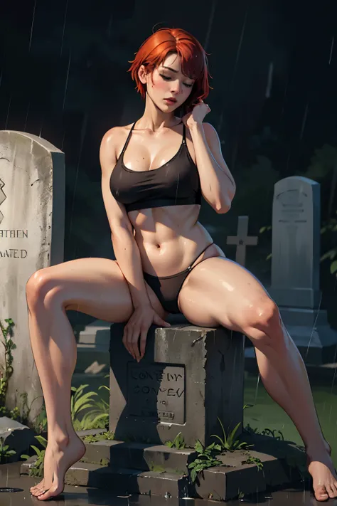 ((highest quality)), ((masterpiece)), (be familiar with), Perfect Face, (High definition), (Best Shadow), 8K, Cinematic, (Realistic:1.4),dramatic, (A woman straddling a tombstone), (Red hair), ((extra short hair)), (Eyes closed), (Pure white skin:1.1), Vol...