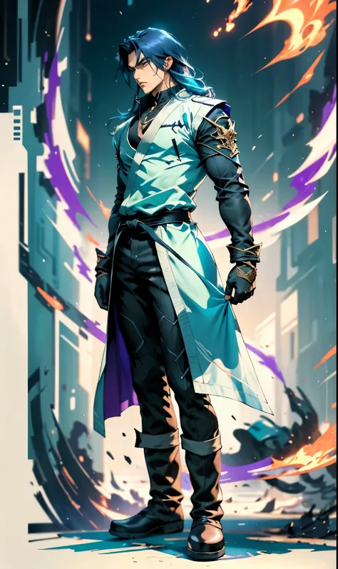 A man with medium-length teal blue long hair, middle part bangs, determined gaze, well-defined facial features, calm expression, sturdy physique, a fantasy-style white long coat with purple-blue patterns, asymmetrical hem, a black belt, gloves, fabric trou...