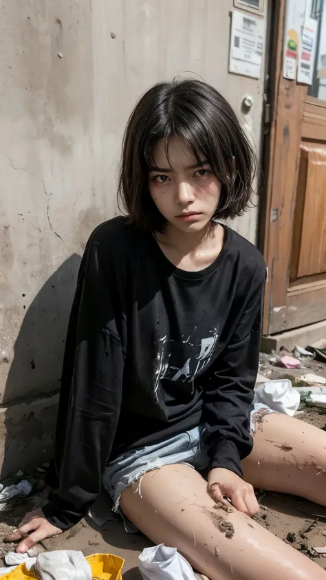 an 18-year-old korean woman surrounded by a pile of garbage,aespakarina,bobcut,beggar,beggar,(((homeless))),in abandoned style r...