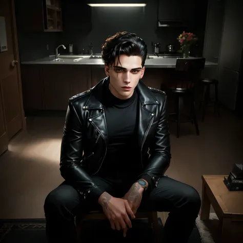 homem arafiado com jaqueta de couro preta sentado em uma borda perto de uma fonte, still from Riverdale, retrato de jughead jones, ainda promocional, promotion still, Riverdale, inspired by Kristian Kreković, lindo vampiro masculino, menacing look, inspira...