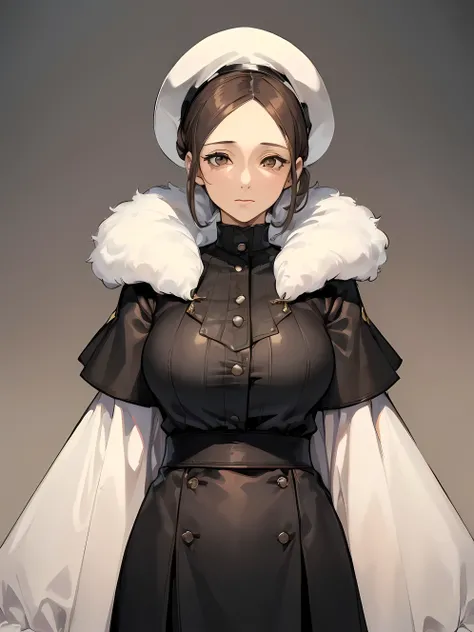 (masterpiece:1.5), (best quality:1.5), (forty years old woman:1.7), (middle aged woman:1.3), english style, fur, dress, white, hat, old english style, industrial england style, very detailed eyes, very detailed face, brown hair, moderate hair, short hair, ...