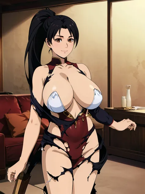 (Torn Clothes : 1.3), standing, mikoto outfit, livingroom background, momiji, anime cels style, best quality, high resolution, 1girl, (huge breasts:1.2), beautiful face, black hair, long hair, ponytail, brown eyes, cowboy shot, light smile