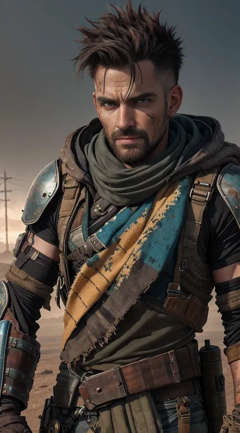 A Wasteland Punk stands in the middle of the Wasteland, engulfed in swirling dust storms. The camera zooms in on a man, capturing the intensity of his eyes as he gazes into the distance. The details of his worn clothing and makeshift armor become clearer w...