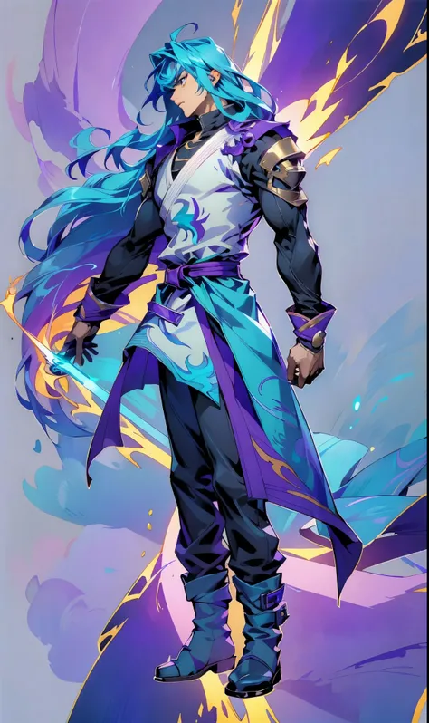 A man with medium-length teal blue long hair, middle part bangs, determined gaze, well-defined facial features, calm expression, sturdy physique, a fantasy-style white long coat with purple-blue patterns, asymmetrical hem, a black belt, gloves, fabric trou...