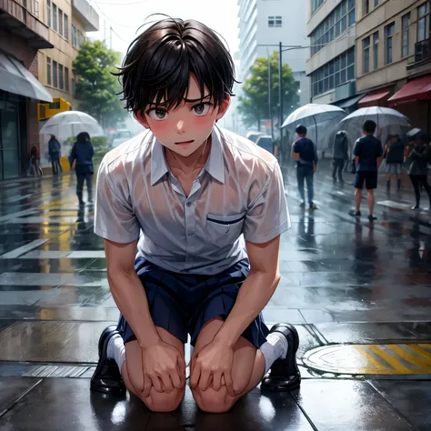 boy in rain-soaked school clothes kneeling on the street. face embarrassed by humiliation. camisa branca molhada grupada no corp...