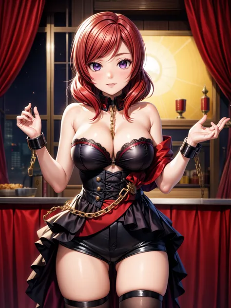 (masterpiece, best quality, high quality), nishikino maki, purple eyes,red hair,(breasts:0.959), (chained:0.945), (solo), (cleav...