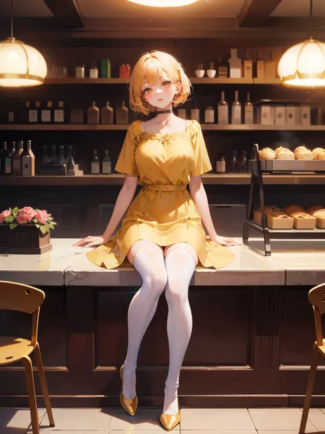 Dynamic posing, Top quality work，Show Legs，(short golden hair),(golden eyes), lovely red lips, Rose cheeks, Pretty Face, A perfectly proportioned face, casual yellow Dress,  white stockings，in cafe，full-body view， amazing, Large round chest、Beautiful eye d...