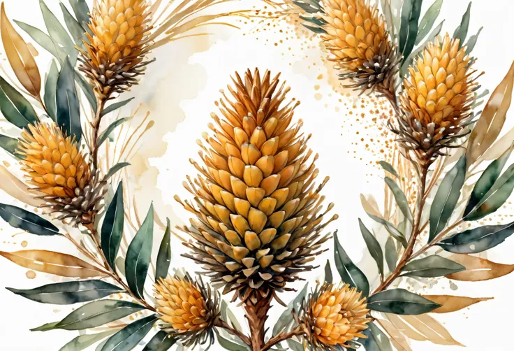 frame of the unique beauty of the Banksia flower, with its intricate cone-shaped spikes and golden hues, on a White background, illustration design, flat design, Styles watercolor and ink splashes, detailed strokes, vibrant shades soft color palette, water...