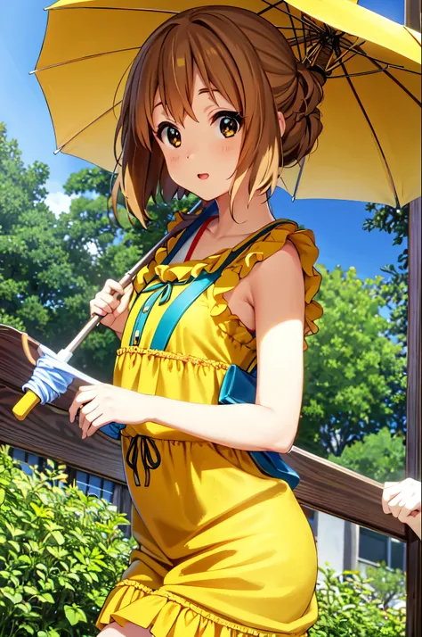 Yui Hirasawa, brown hair, yellow hairpin, yellow dress, umbrella, looking at viewer