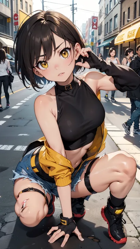 street dancer,  short hair, brown hair, yellow glowing eyes, perfect lips,  cute expression, cute face, cute pose, fingerless gloves, gun, tank top, jacket, cute pose, ultra detailed face, long eyelashes, sharp eyes , Fullbody shot, dinamic viewer, 