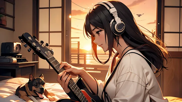 room、guitar、beautiful girl、sunset、Headphones、dog、Japanese anime style