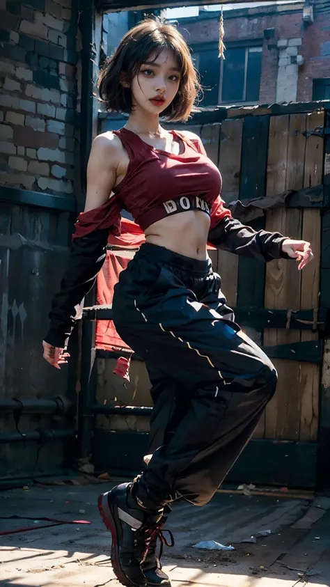 20 year old Korean woman dancing in a closed, dark dance studio,Sweating,Sweat flying,Flowing sweat,Bobcut,aespakarina,A painful expression with furrowed brows,hiphop dancer,Gangster-style long pants,wearing edg90hh_clothing,8k,High definition