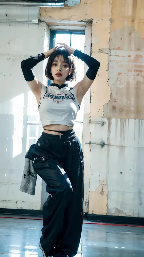 20 year old Korean woman dancing in a closed, dark dance studio,Sweating,Sweat flying,Flowing sweat,Bobcut,aespakarina,A painful expression with furrowed brows,hiphop dancer,Gangster-style long pants,wearing edg90hh_clothing,8k,High definition