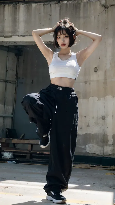 20 year old Korean woman dancing in a closed, dark dance studio,Sweating,Sweat flying,Flowing sweat,Bobcut,aespakarina,A painful expression with furrowed brows,hiphop dancer,Gangster-style long pants,wearing edg90hh_clothing,8k,High definition