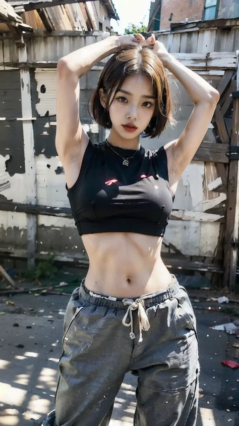 20 year old Korean woman dancing in a closed, dark dance studio,Sweating,Sweat flying,Flowing sweat,Bobcut,aespakarina,A painful expression with furrowed brows,hiphop dancer,Gangster-style long pants,wearing edg90hh_clothing,8k,High definition