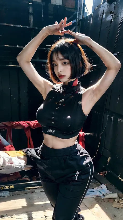 20 year old Korean woman dancing in a closed, dark dance studio,Sweating,Sweat flying,Flowing sweat,Bobcut,aespakarina,A painful expression with furrowed brows,hiphop dancer,Gangster-style long pants,wearing edg90hh_clothing,8k,High definition