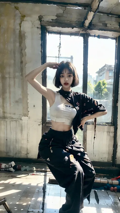 20 year old Korean woman dancing in a closed, dark dance studio,Sweating,Sweat flying,Flowing sweat,Bobcut,aespakarina,A painful expression with furrowed brows,hiphop dancer,Gangster-style long pants,wearing edg90hh_clothing,8k,High definition