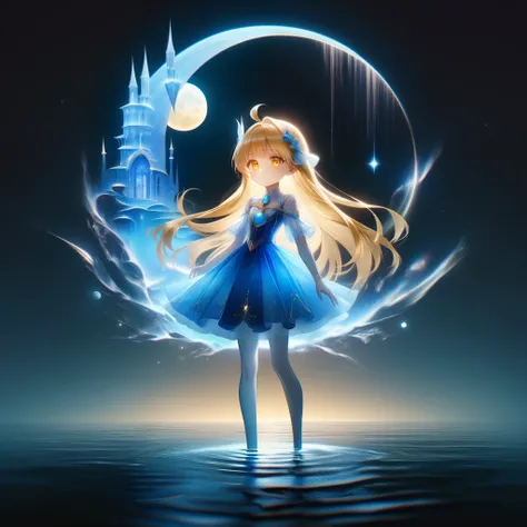 one princess standing on water, at night, the young siter taste, pale blue moon, cute face, blond semi-long hair, amber eyes, shy, water magic, naiad, illusory scene, calm, impressive, full body, ((portrait)) ((masterpiece, best quality, ultra-detailed, an...