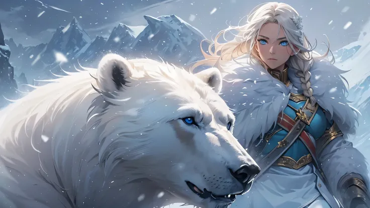 (best quality,4k,8k,highres,masterpiece:1.2),ultra-detailed,(realistic,photorealistic,photo-realistic:1.37,brave nordic warrior,girl with ice blue eyes,girl with long braided hair,girl in fur armor,girl with a fierce expression,girl holding a silver sword,...