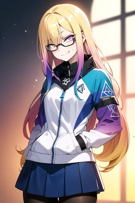 (blonde hair, very long hair, sidelocks), (eyes with a mix of yellow and blue irises:1.5), two-tone eyes, multicolored eyes gradient eyes, white and blue jacket with constellation prints, (best quality,4k,8k,highres,masterpiece:1.2), ultra-detailed, portra...